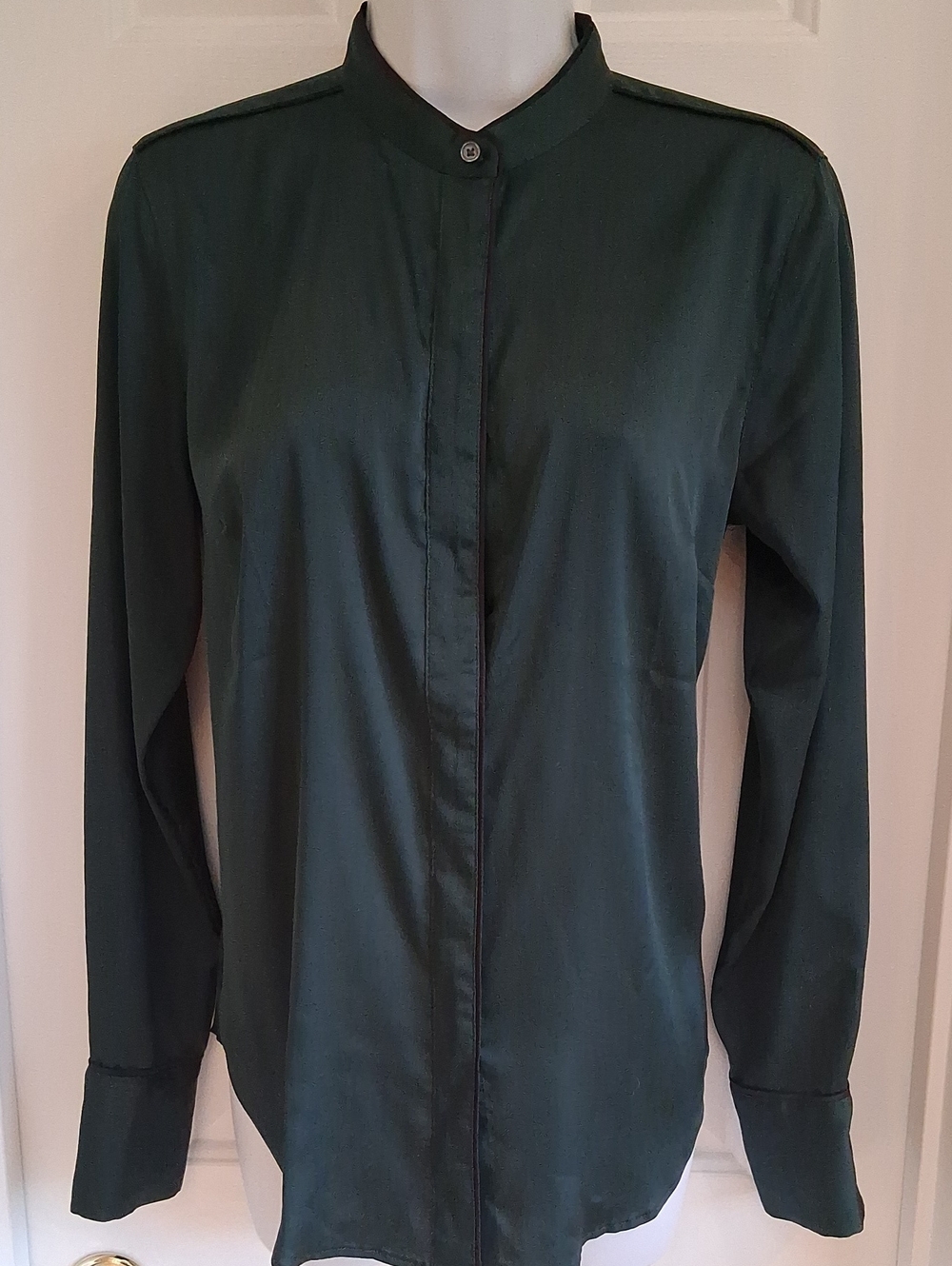 Ann Taylor Green Black Piping Satin Shirt Small